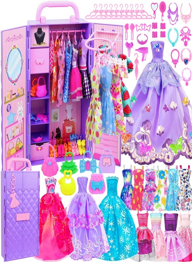 Ecore Fun 108 Pcs Doll Clothes and Accessories with Purple Doll Closet for 11.5 Inch Dolls - Including Party Dresses Fashion Dress Outfits Swimsuits Shoes Hangers Bags Necklaces - Image 1